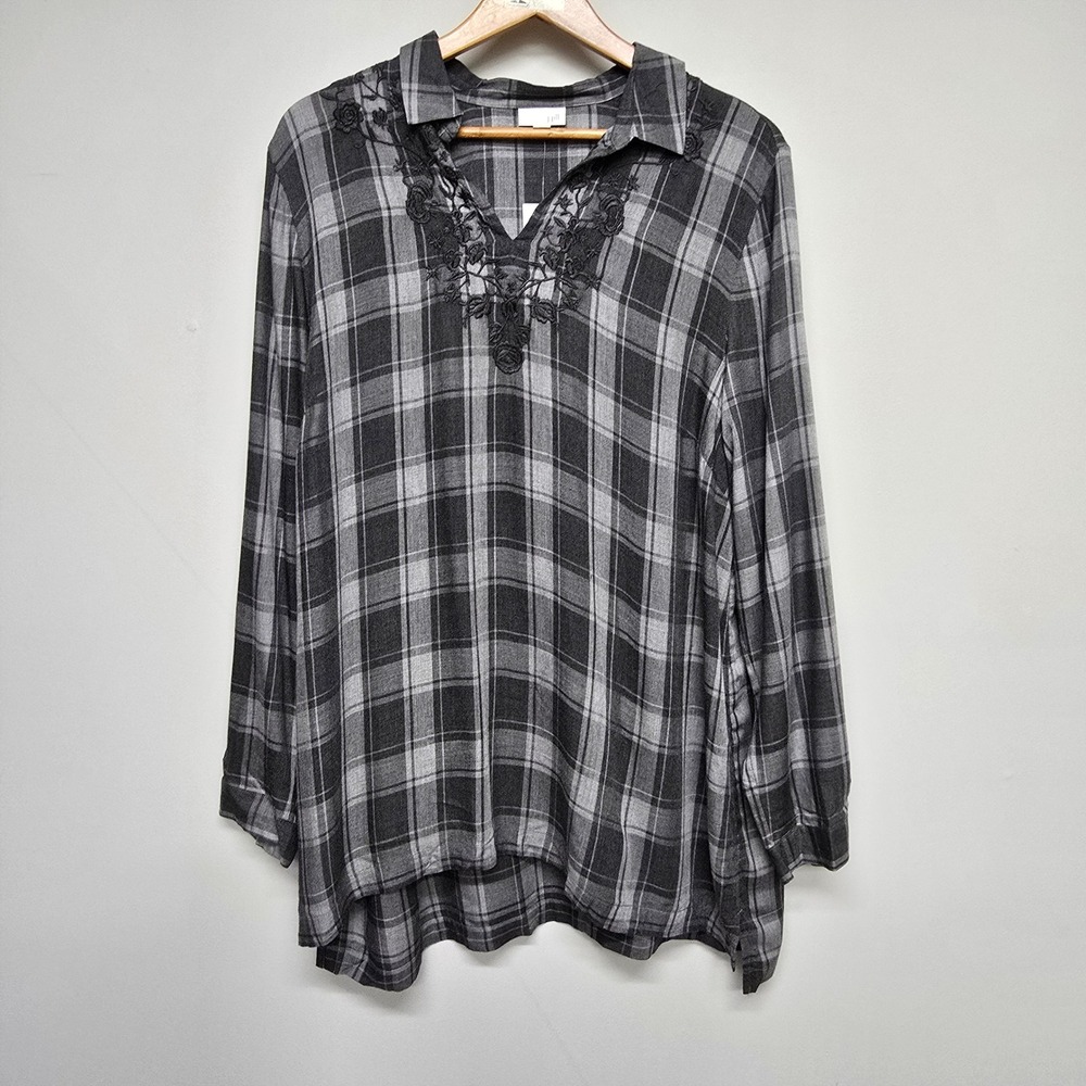 J. Jill Embroidered Plaid Tunic Top Women XL Grey Floral Boho Cottagecore